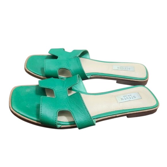 Steven New York Green Leather H Strap Slides Sandals Square Toe Women’s Size 8.5 - Picture 6 of 12